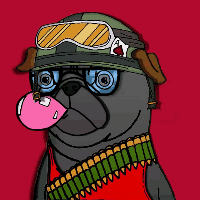 a cartoon drawing of a pug wearing a helmet and goggles blowing a pink bubble