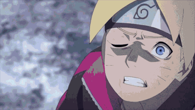 a close up of a cartoon character with a naruto symbol on his head