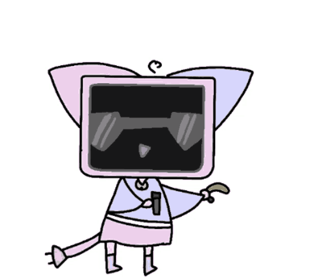 a cartoon drawing of a cat with a tv head holding a banana and a microphone .