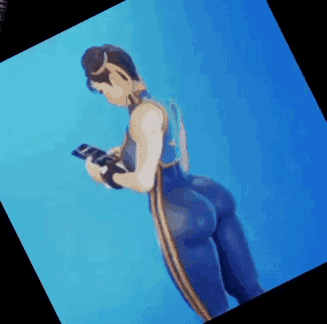a cartoon character is standing in front of a blue background and holding a cell phone .