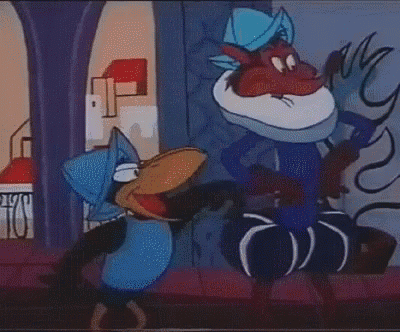 two cartoon characters are standing next to each other in front of a sign that says tc