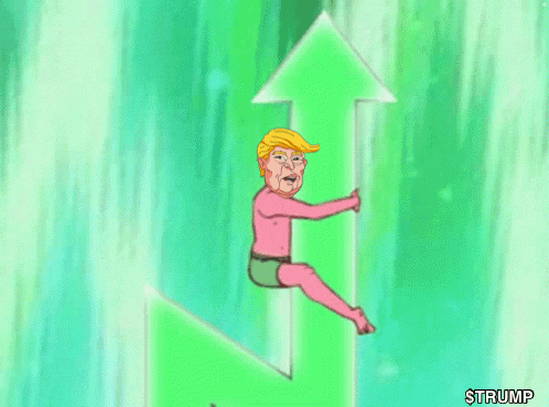 a cartoon of donald trump sitting on an arrow pointing up