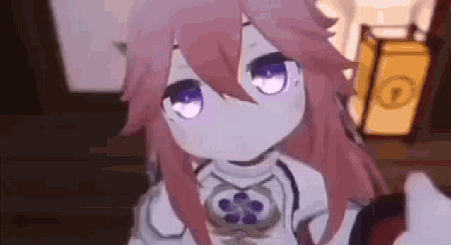 a little girl with pink hair and purple eyes is standing in a room .