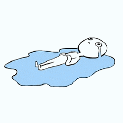 a cartoon of a person laying on a puddle of water crying .