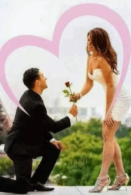a man is kneeling down to give a rose to a woman .