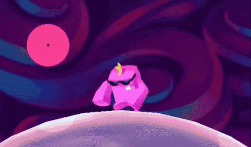 a cartoon character wearing sunglasses is standing on a purple planet