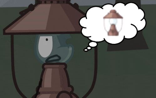 a cartoon of a lantern with a thought bubble above it