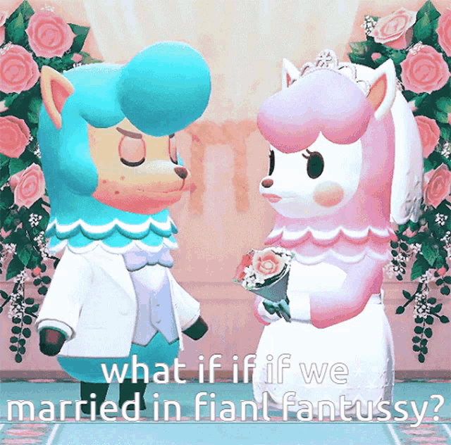 a couple of cartoon characters standing next to each other with the words " what if if we married in fiant fantassy " below them