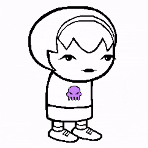 a cartoon character with a purple skull on her shirt