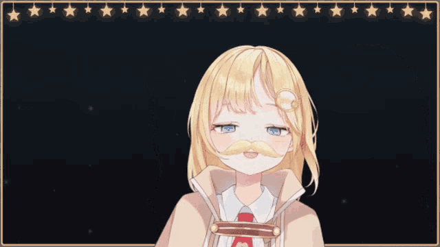 a girl with blonde hair and a yellow mustache stands in front of a black background with stars hanging from it