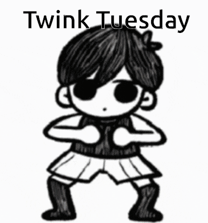 a black and white drawing of a boy with the words twink tuesday written above him