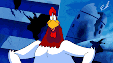 a cartoon chicken with a red crest is standing in front of a blue background