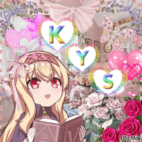 a picture of a girl reading a book with the letters k y and s in hearts