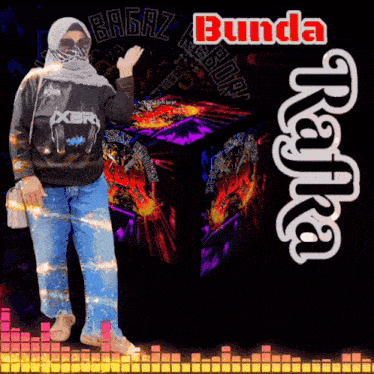 a woman wearing a hijab is standing in front of a sign that says bunda rajta