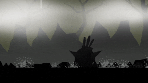 a silhouette of a hand reaching out from the ground in a dark forest