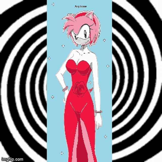 amy rose from sonic the hedgehog is standing in front of a black and white spiral