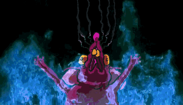 a cartoon drawing of a purple monster with yellow eyes and a pink head