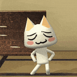 a cartoon cat with its eyes closed is standing in front of a dresser