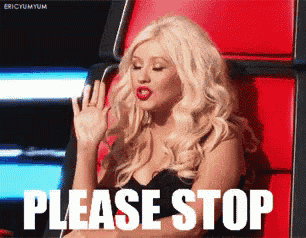 a blonde woman is sitting in a chair with the words please stop written on the bottom