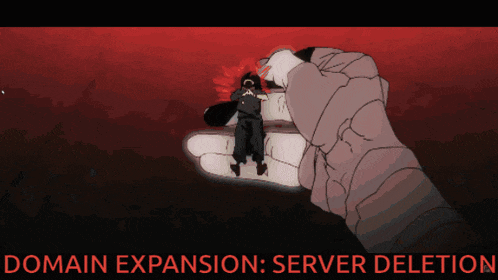 a cartoon drawing of a hand holding a man with the words domain expansion server deletion below it