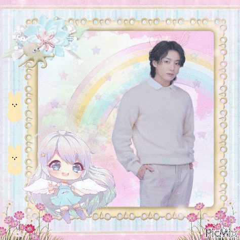 a man in a white sweater is surrounded by a picture frame