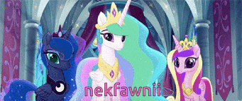 three ponies are standing next to each other with nekfawnii written in the corner