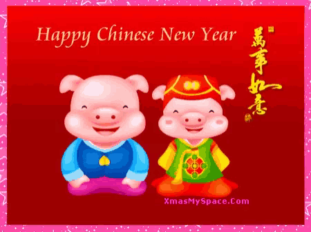 a happy chinese new year greeting card with two pigs on a red background