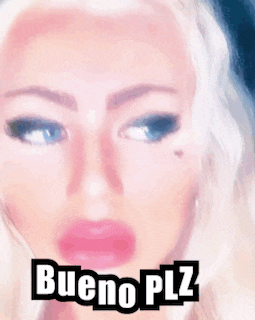 a close up of a woman 's face with glowing eyes and the words bueno plz on the bottom