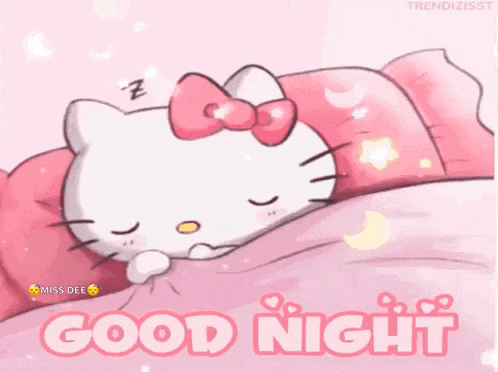 hello kitty is sleeping on a pink pillow with the words `` good night '' written on it .