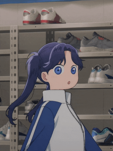 a girl with blue hair is standing in front of a shelf full of shoes