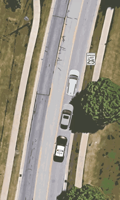 an aerial view of a speed limit of 25 on a road