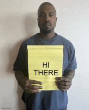 a man in a blue shirt is holding a yellow pad of paper that says hi there