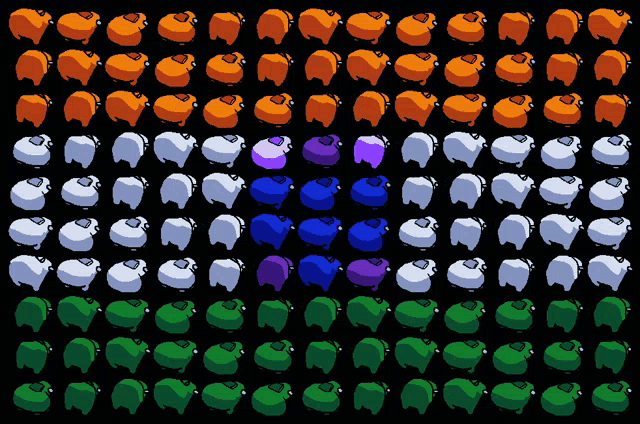 a bunch of sheep are lined up in different colors