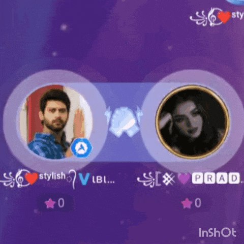 a man and a woman are standing next to each other on a purple background .