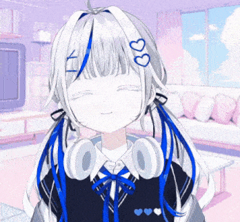 a girl with white hair and blue ribbons on her hair is wearing headphones