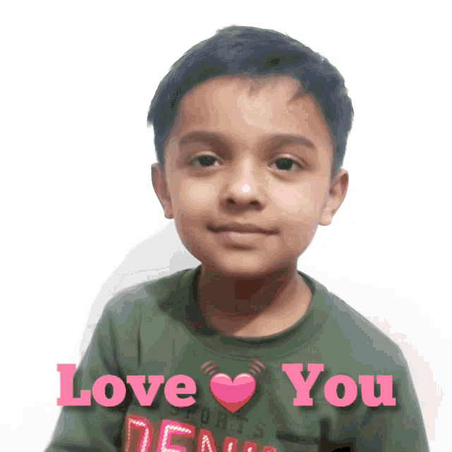 a young boy wearing a green shirt with the words love you on it