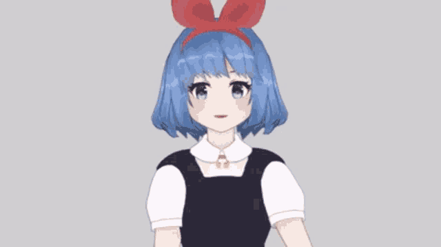a cartoon girl with blue hair and a red bow