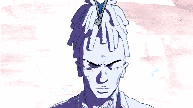 a cartoon drawing of a man with dreadlocks and a tattoo on his face