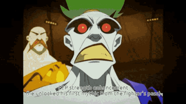 a cartoon of a man with red eyes and the words f2p strength enhancement on the bottom