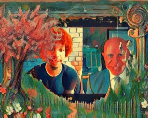 a painting of a woman and a man with a red face