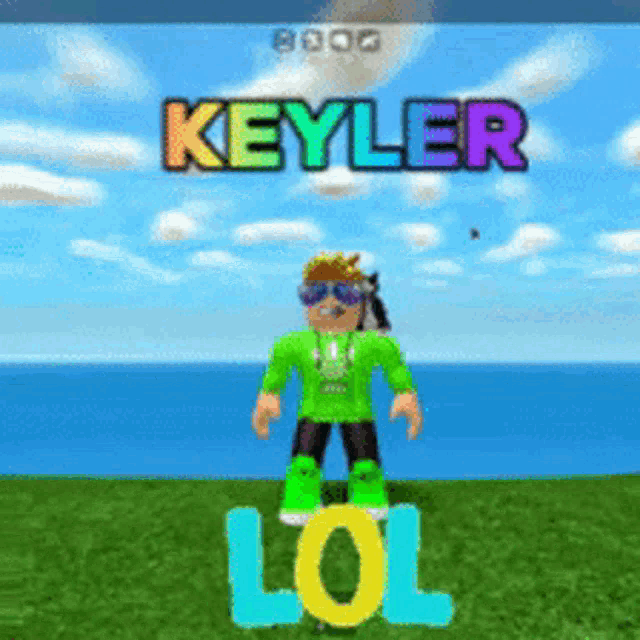 a boy in a green shirt and sunglasses is standing on a lol sign