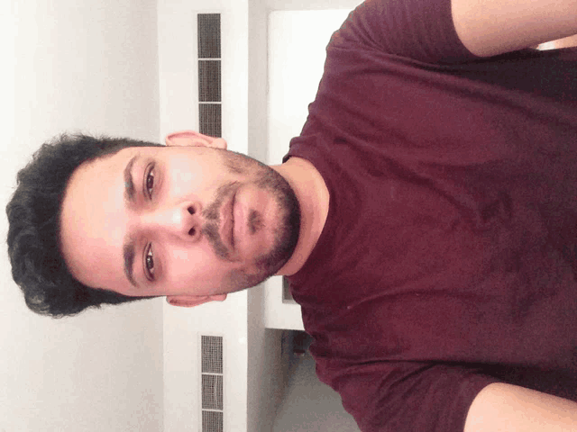 a man with a beard wearing a maroon shirt looks at the camera