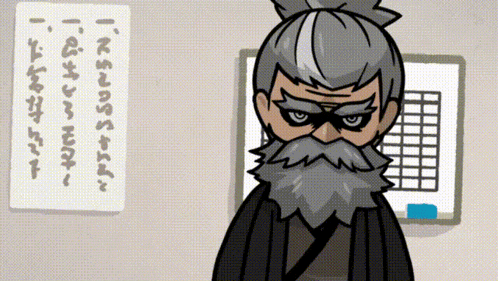 a cartoon drawing of a man with a beard standing in front of a board with writing on it