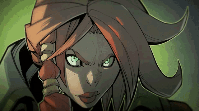 a cartoon drawing of a woman with green eyes