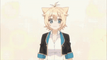 a girl in a blue skirt and white shirt is looking down at her breasts .