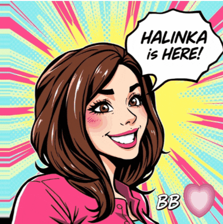 a cartoon of a woman with a speech bubble that says halinka is here
