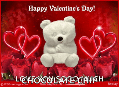 a happy valentine 's day greeting card with a teddy bear and hearts
