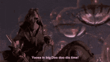 a cartoon character is talking to another character and says " yoosa in big doo doo dis time " .