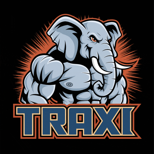 a cartoon illustration of an elephant with muscles and the word traxi below it