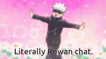 a man with his arms outstretched is standing in a field of daisies with the words literally rowan chat .